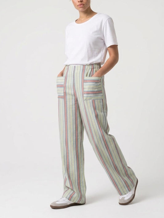 Pastel Stripe Linen Wide-Leg Pants