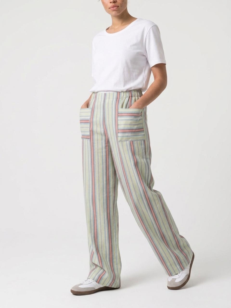 Pastel Stripe Linen Wide-Leg Pants