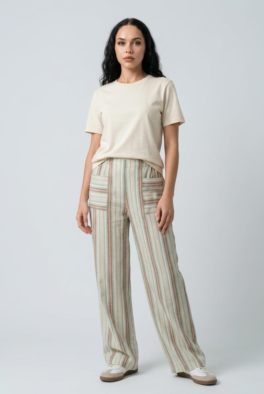Pastel Stripe Linen Wide-Leg Pants