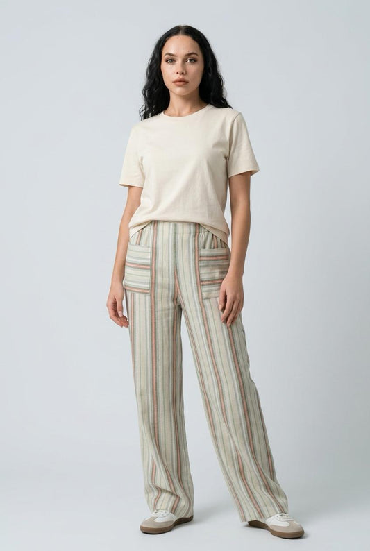 Pastel Stripe Linen Wide-Leg Pants
