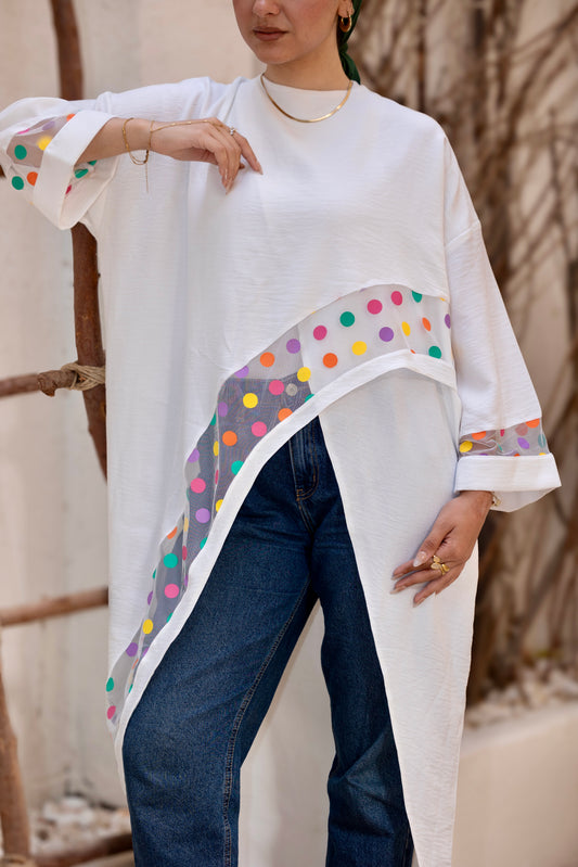 Polka Pop Linen Blouse in white